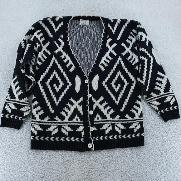 Vintage College Point Sweater Mens M Black White Cardigan Aztec Knit‎ USA 80s